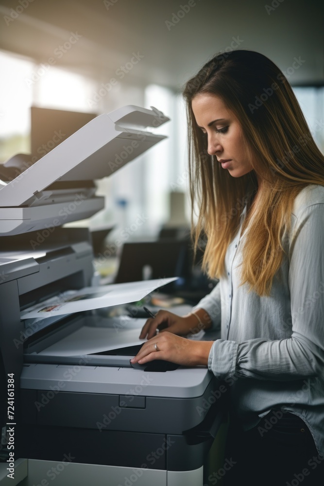 Poster a woman is seen working on a printer in an office. this image can be used to showcase office work, t