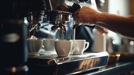 A person is shown making a cup of coffee. This image can be used to depict the process of brewing coffee or the enjoyment of a hot beverage - obrazy, fototapety, plakaty