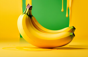 Bunch of bananas on a yellow and green background, with dripping drops of yellow paint, minimalist concept