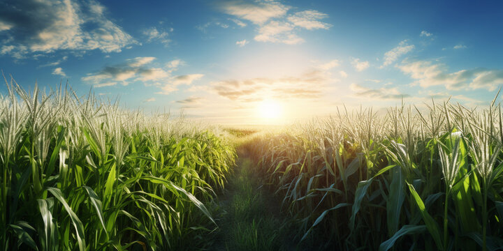 Corn plantation on the background of sunset and blue sky, Sunrise Farm Field, A beautiful corn filed and background with sun shines
