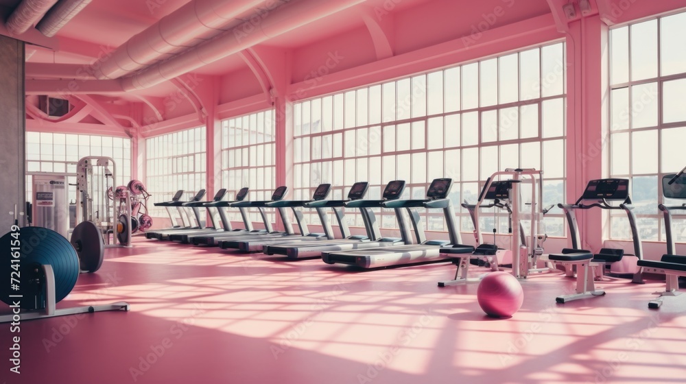 Aufkleber a row of tread machines in a gym. suitable for fitness and exercise-related content