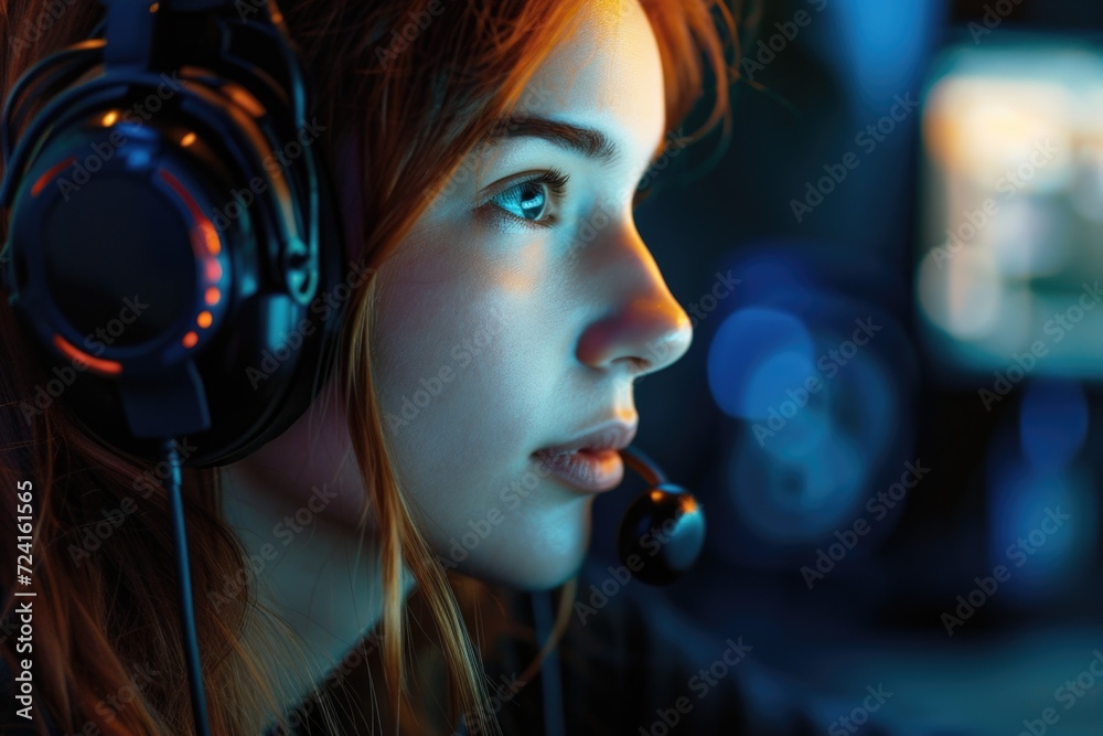 Aufkleber a woman wearing headphones is focused on a computer screen. this image can be used to depict a perso