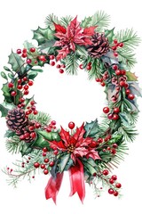 Fototapeta na wymiar A beautiful watercolor painting of a Christmas wreath. Perfect for holiday cards, decorations, and festive designs