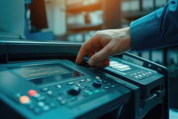 A hand is pressing a button on a control panel. This image can be used to illustrate technology, automation, or user interface concepts