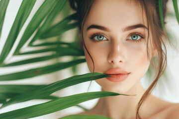 Fototapeta premium blue-eyed woman with freckles in the jungle peeks out from behind a tropical palm tree. Beautiful woman with green leave near face and body. Closeup girl's face with green leave