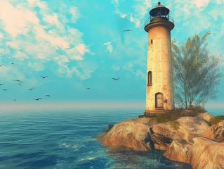 Crédence de cuisine en verre imprimé Turquoise Landscape photograph of the Lighthouse on a peninsula near the ocean.