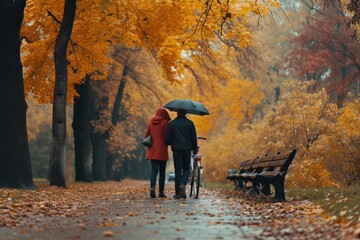 A man and a woman walking together under an umbrella. Suitable for romantic themes and rainy day concepts
