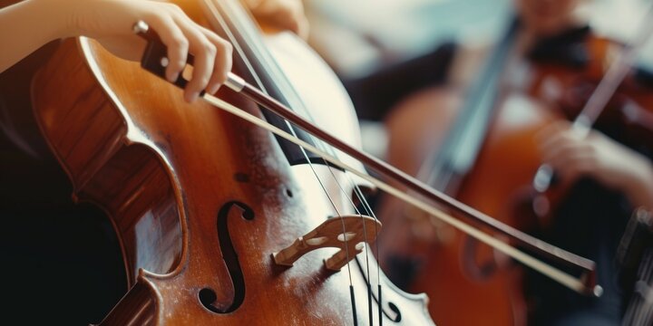 A close-up view of a person playing a cello. This image can be used to illustrate music, classical instruments, or live performances