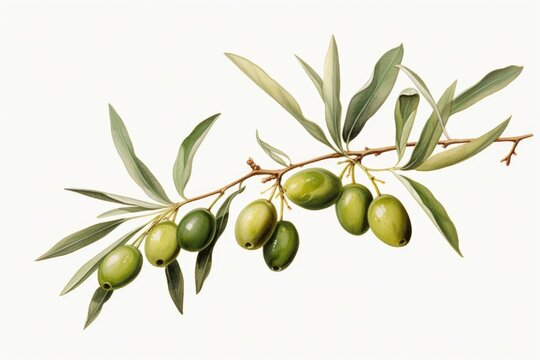 A single branch of olives placed on a clean white background. Can be used as a symbol of peace or for Mediterranean-themed designs