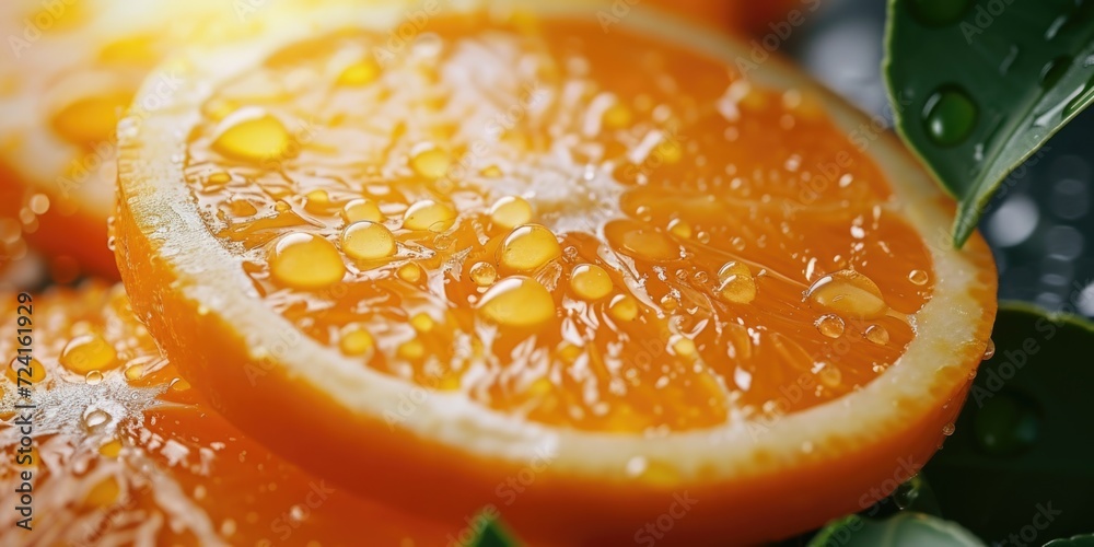 Poster a detailed view of a sliced orange with glistening water droplets. perfect for refreshing and citrus