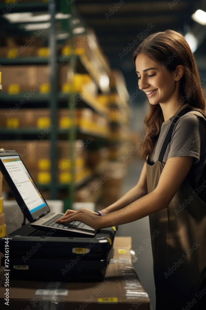 Poster a woman can be seen working on a laptop in a warehouse. this image can be used to depict a professio