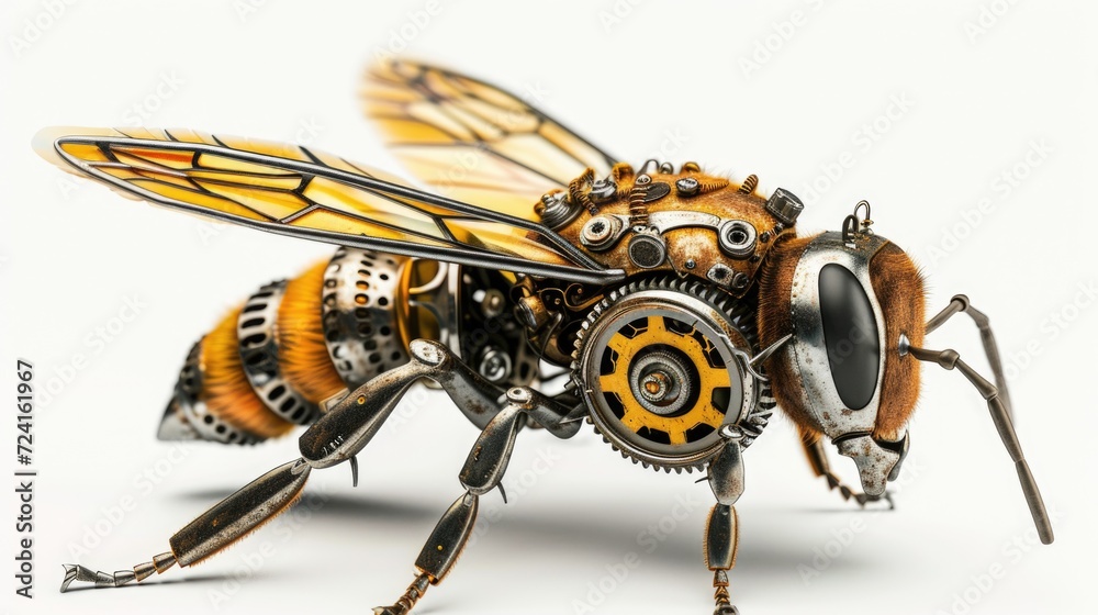 Poster a close-up view of a bee sculpture made entirely out of gears. this unique artwork can be used to de