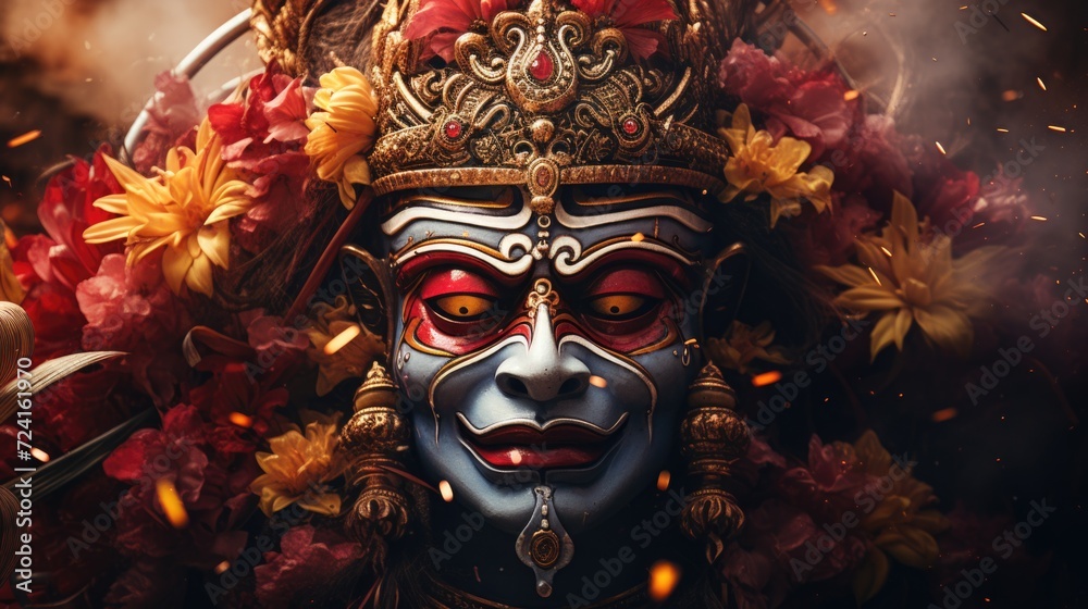 Fototapete a close-up view of a mask adorned with delicate flowers. this versatile image can be used for variou
