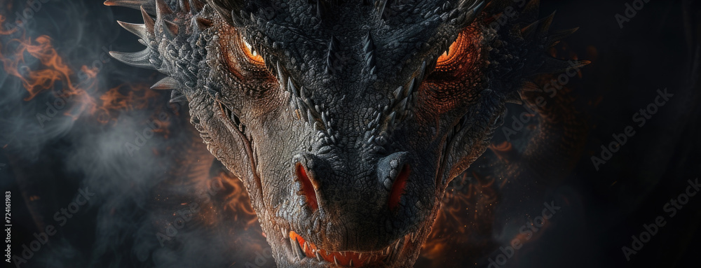 Poster a close-up view of a dragon's head with flames shooting out. perfect for fantasy and mythology-theme
