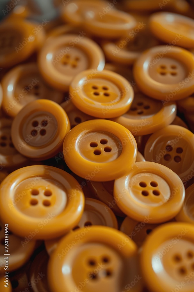 Poster A pile of yellow buttons sitting on top of a table. This image can be used for various crafting and sewing projects