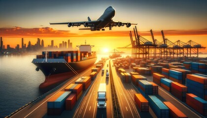 Global Trade Hub: Cargo Ship, Trucking, and Air Freight at Sunset - 724161937