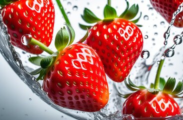 Ripe red strawberries falling with splash of fresh water on white background