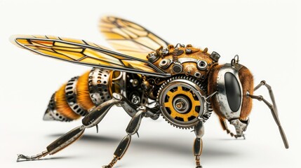 A close-up view of a bee sculpture made entirely out of gears. This unique artwork can be used to depict the combination of nature and machinery.