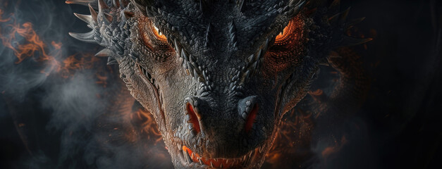 A close-up view of a dragon's head with flames shooting out. Perfect for fantasy and mythology-themed projects