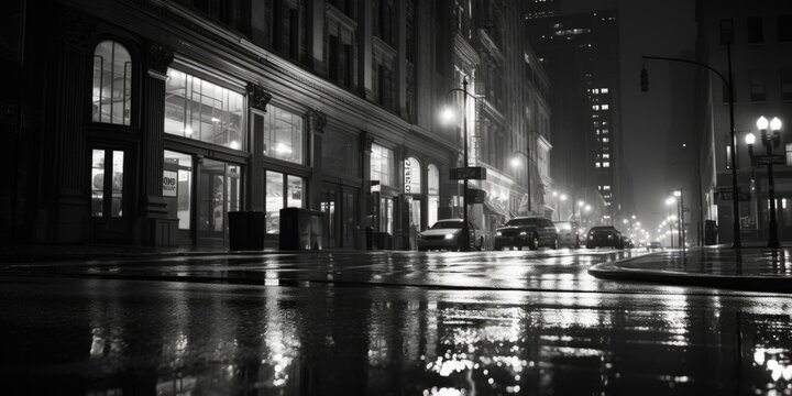 Fototapeta A captivating black and white photo capturing the essence of a city street at night. Perfect for urban-themed projects and adding a touch of mystery and intrigue.