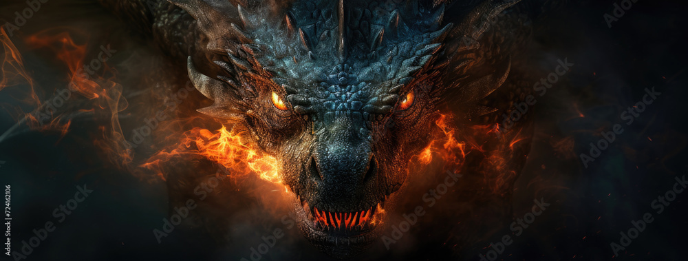 Poster A close-up view of a fire breathing dragon. This image can be used to add excitement and fantasy to various projects