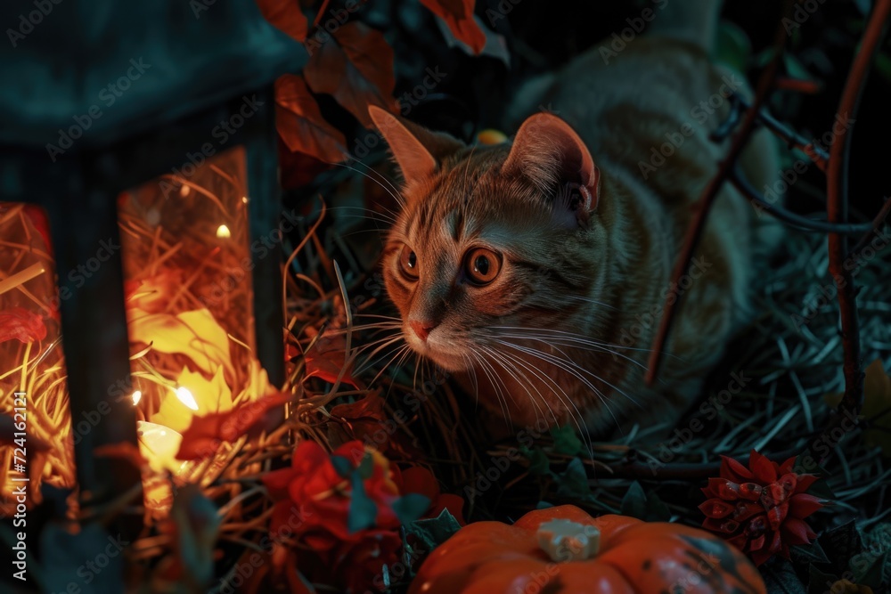 Poster A cat sitting peacefully in the grass next to a lantern. Perfect for adding a touch of warmth and coziness to any project
