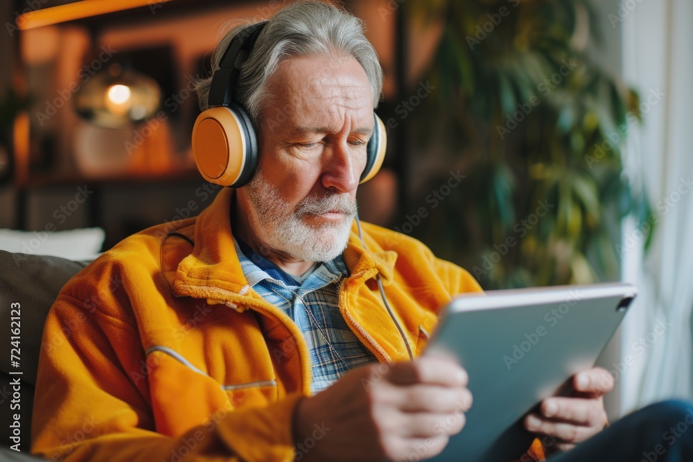 Poster a man wearing headphones is using a tablet. this versatile image can be used to illustrate technolog