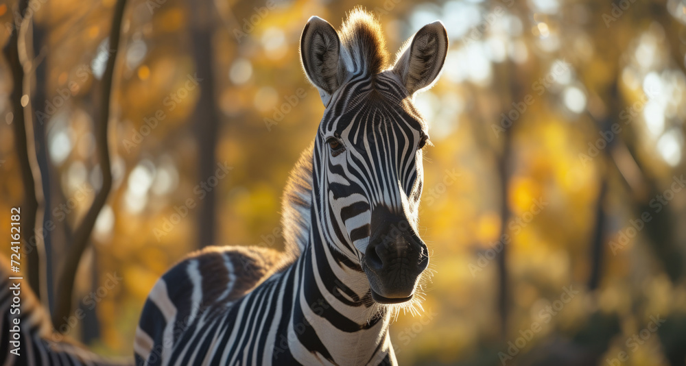 Poster a close-up view of a zebra in a natural forest habitat. suitable for wildlife enthusiasts and nature