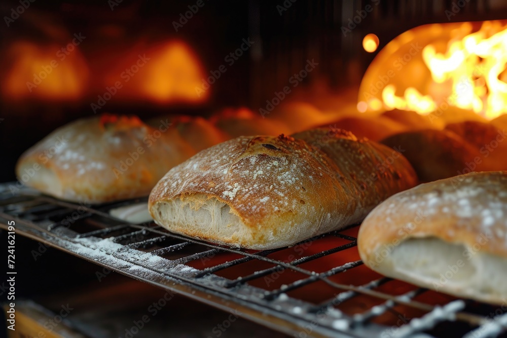 Poster a bunch of bread sitting on top of a rack. can be used for bakery or food-related themes