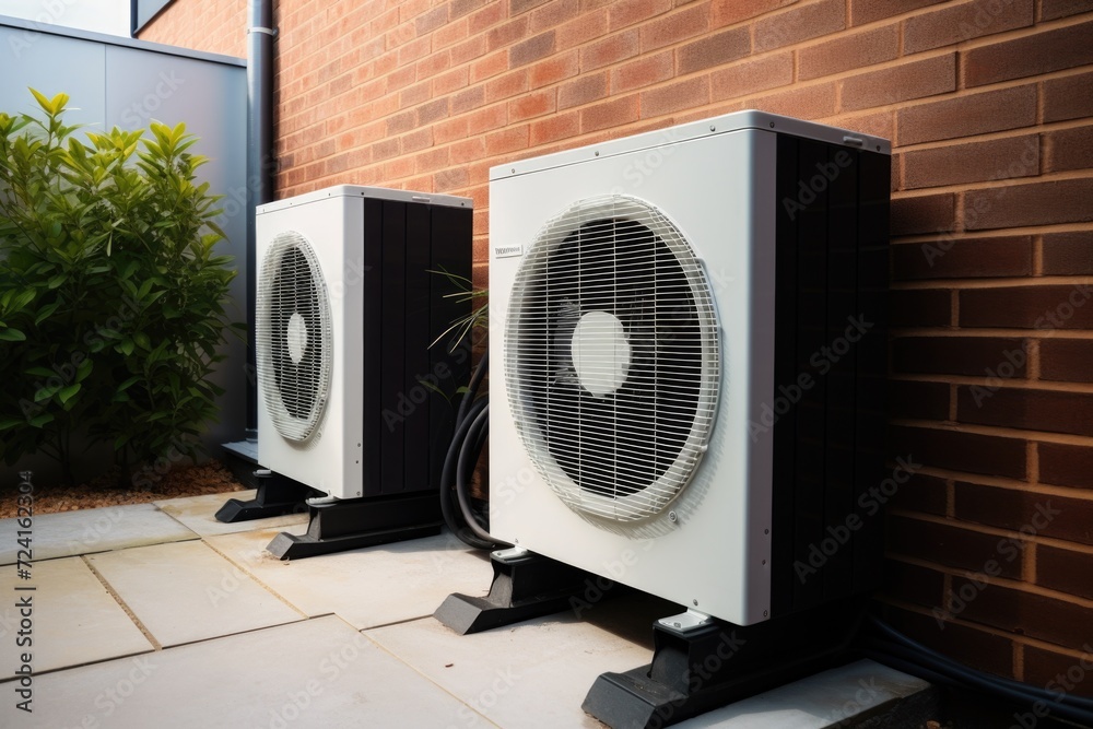 Aufkleber two air conditioners positioned on the side of a building. suitable for depicting urban infrastructu