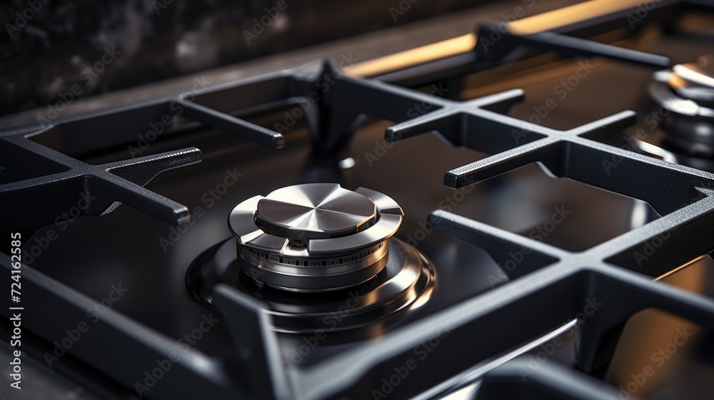 Poster a close-up view of a gas stove with pots placed on top. suitable for cooking and kitchen-related the