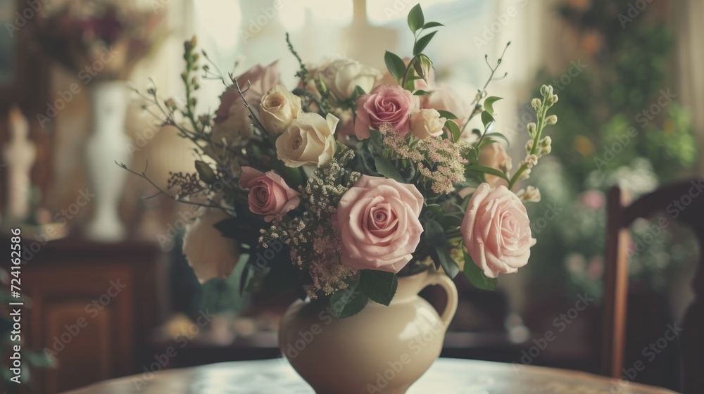 Poster A beautiful arrangement of pink and white flowers displayed in a vase on top of a table. This image can be used to add a touch of elegance and nature to various projects