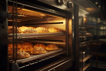 Breads baking in an oven, perfect for food-related projects or bakery promotions