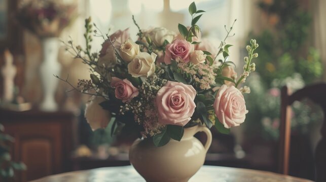 A beautiful arrangement of pink and white flowers displayed in a vase on top of a table. This image can be used to add a touch of elegance and nature to various projects