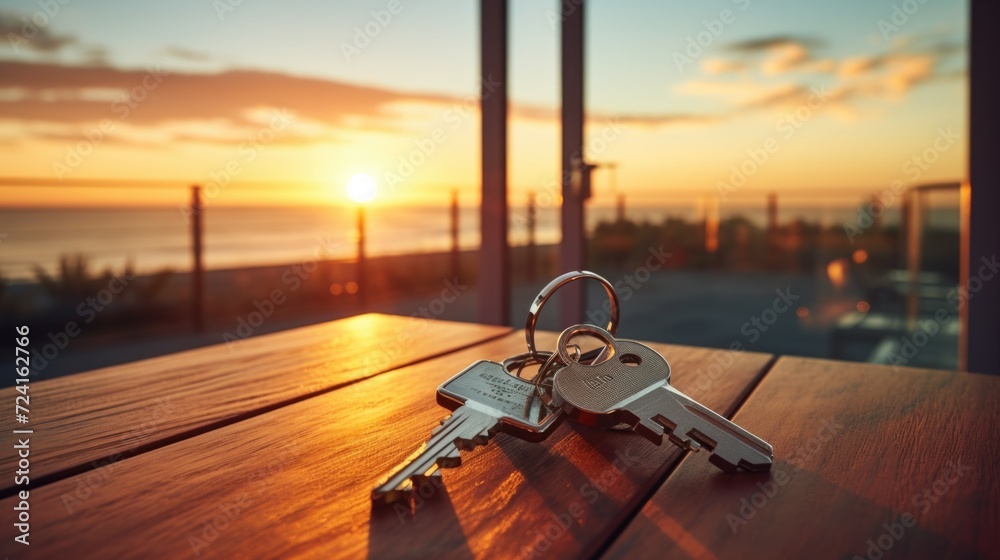 Poster a bunch of keys sitting on top of a wooden table. perfect for concepts related to security, home, an