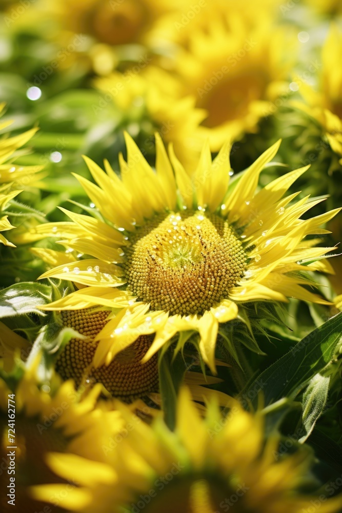 Poster a beautiful field of sunflowers with glistening water droplets. perfect for adding a touch of nature