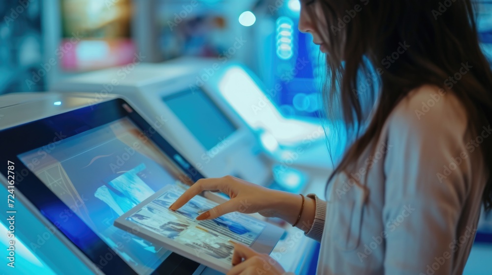 Poster a woman is seen using a touch screen in a store. this image can be used to showcase technology, shop