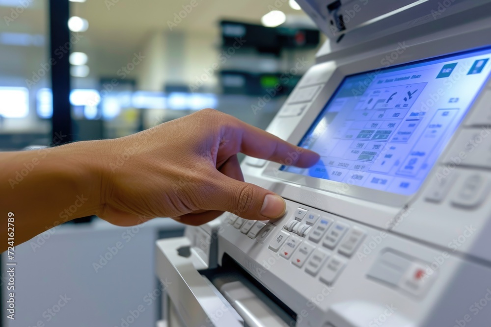 Poster A person is shown pressing a button on a machine. This image can be used to illustrate technology, manufacturing, or automation processes