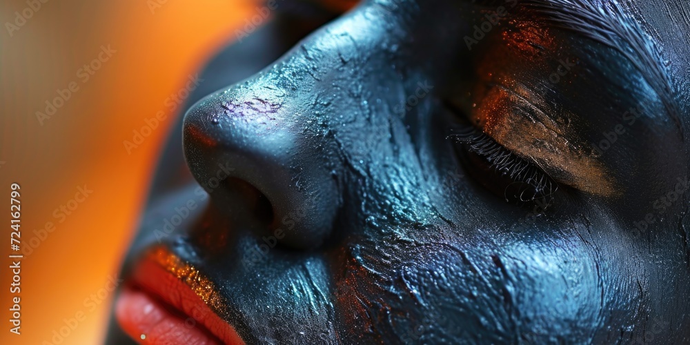 Poster A close-up view of a person's face with black paint applied. This image can be used for various creative projects