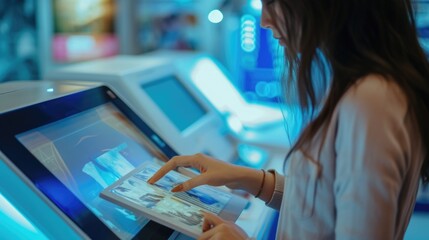 A woman is seen using a touch screen in a store. This image can be used to showcase technology, shopping, and convenience