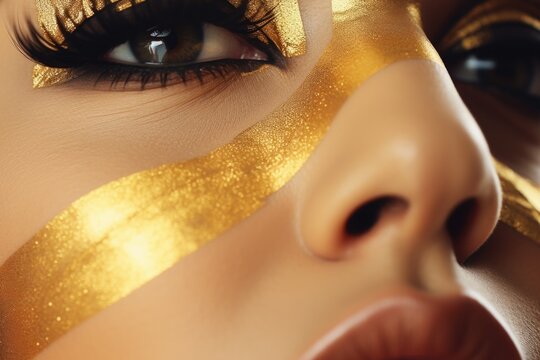 A close-up image of a woman with gold paint on her face. This picture can be used for various purposes, such as beauty, fashion, art, or even for themed events and parties