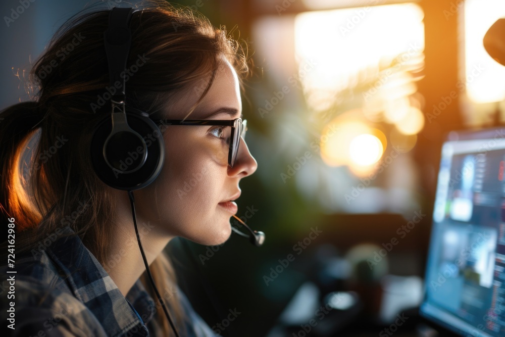 Poster a woman wearing a headset is focused on a computer screen. this image can be used to depict customer