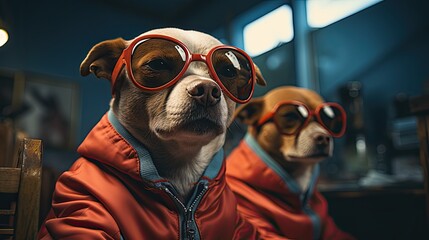 Two dogs dressed in orange overalls and trendy sunglasses going about their job - obrazy, fototapety, plakaty