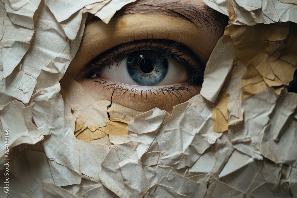 Poster close up view of a person's eye as seen through a piece of paper. suitable for various creative proj