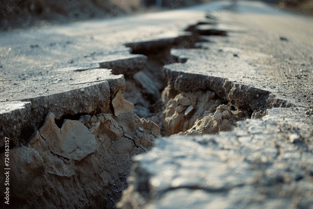 Poster a significant crack is visible on the side of the road. this image can be used to depict infrastruct