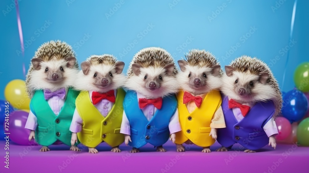 Poster A group of hedgehogs dressed in adorable tuxedos. Perfect for adding a touch of elegance to your designs or adding a playful element to any project