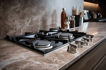 Obraz premium A kitchen counter featuring a stove top and a blender. Perfect for showcasing modern kitchen appliances.