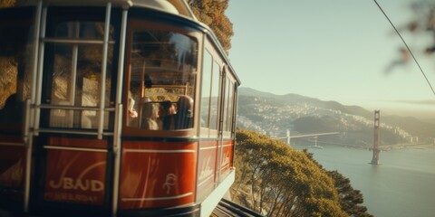 Cable car with a picturesque view of the iconic Golden Gate Bridge. Perfect for travel brochures or...