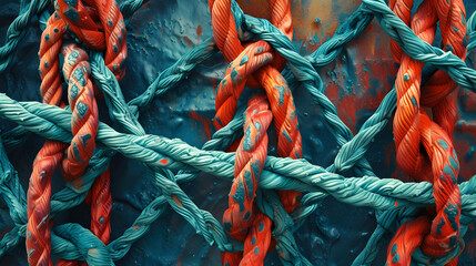 Interconnected Ropes Hold Together in a Complex Web - obrazy, fototapety, plakaty