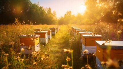 Hives in an apiary with bees flying to the landing boards. Apiculture. Neural network AI generated art - obrazy, fototapety, plakaty